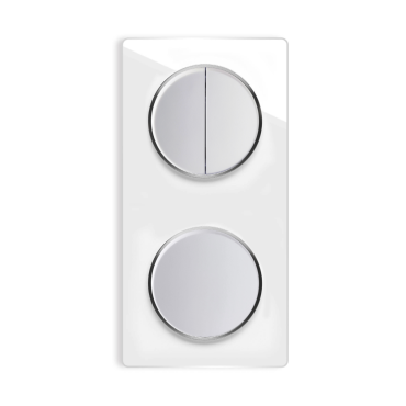 1x Interrupteur double, 1 voie + 1x interrupteur simple allumage avec plaque de finition en verre, 2 postes, verticale - Blanc