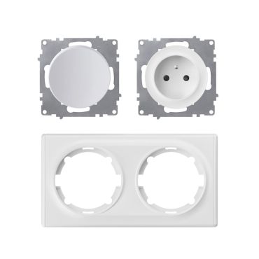 Prise de courant avec terre 16A + interrupteur – ensemble complet – cadre de finition plastique – série Florence – horizontal – blanc