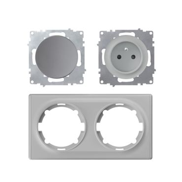 Prise de courant avec terre 16A + interrupteur – ensemble complet – cadre de finition plastique – série Florence – horizontal – gris