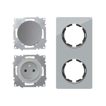 Prise de courant avec terre 16A + interrupteur – ensemble complet – cadre de finition en verre – série Garda – vertical – gris