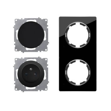 Prise de courant avec terre 16A + interrupteur – ensemble complet – cadre de finition en verre – série Garda – vertical – noir