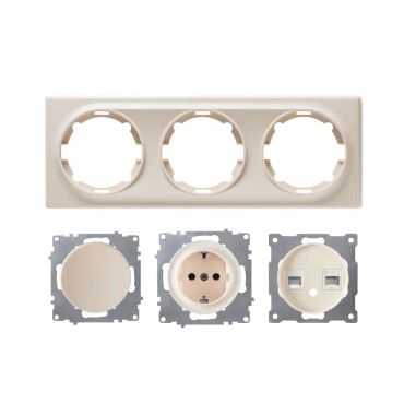 Plaque 3 postes Florence + 1 Prise avec terre + 1 Interrupteur simple + 1 Prise RJ45-"Beige"