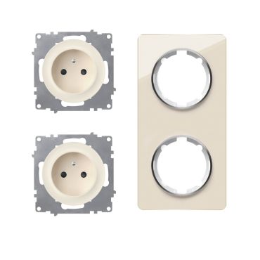 Double prise de courant avec terre 16A – ensemble complet – cadre de finition en verre – série Garda – vertical – beige