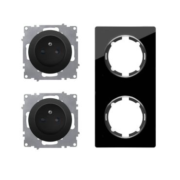 Double prise de courant avec terre 16A – ensemble complet – cadre de finition en verre – série Garda – vertical – noir