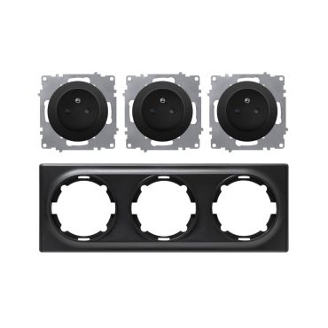 Triple prise de courant avec terre 16A – ensemble complet – cadre de finition plastique – série Florence – horizontal – noir