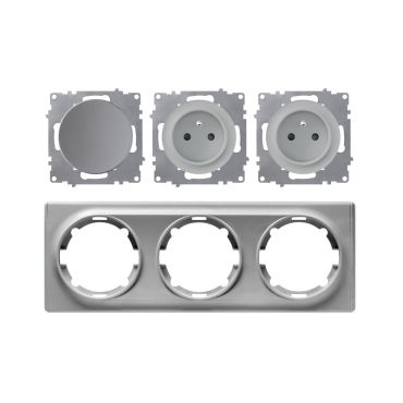 Double prise de courant avec terre 16A + interrupteur – ensemble complet – cadre de finition plastique – série Florence – horizontal – gris