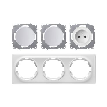 Prise de courant avec terre 16A + 2 interrupteurs – ensemble complet – cadre de finition plastique – série Florence – horizontal – blanc