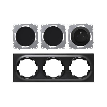 Prise de courant avec terre 16A + 2 interrupteurs – ensemble complet – cadre de finition plastique – série Florence – horizontal – noir