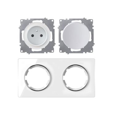 Double prise de courant avec terre 16A – ensemble complet – cadre de finition en verre – série Garda – horizontal – blanc