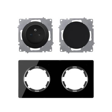 Double prise de courant avec terre 16A – ensemble complet – cadre de finition en verre – série Garda – horizontal – noir
