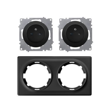 Double prise de courant avec terre 16A – ensemble complet – cadre de finition plastique – série Florence – horizontal – noir