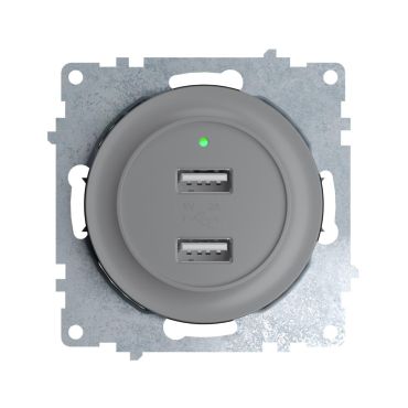 Prise USB encastrée à  2 sorties 5V, 2.1 A, témoin de charge LED-"Gris"