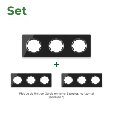 Plaque de finition Garda en verre, horizontal, 3 postes (pack 3)-"Noir"