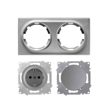 Plaque 2 postes Florence + 1 Interrupteur simple allumage + 1 Prise avec terre-"Gris"