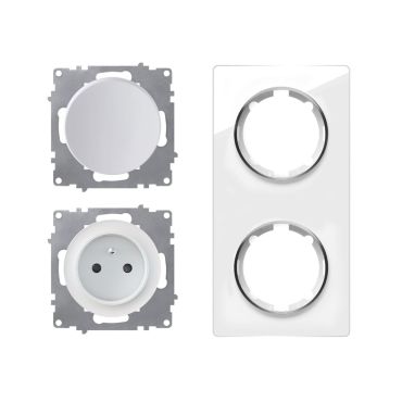Prise de courant avec terre 16A + interrupteur – ensemble complet – cadre de finition en verre – série Garda – vertical – blanc
