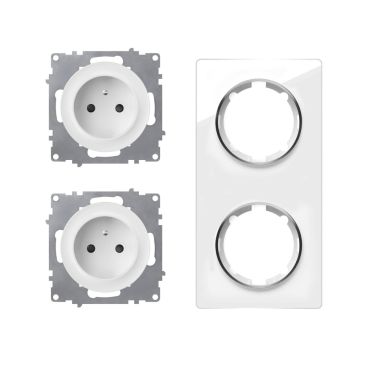 Double prise de courant avec terre 16A – ensemble complet – cadre de finition en verre – série Garda – vertical – blanc
