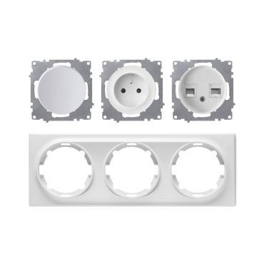 Prise de courant avec terre 16A + interrupteur + double prise RJ45 – ensemble complet – cadre de finition plastique – série Florence – horizontal – blanc