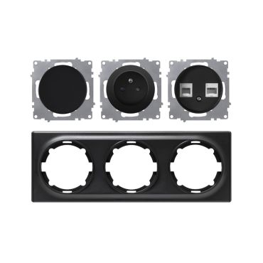 Prise de courant avec terre 16A + interrupteur + double prise RJ45 – ensemble complet – cadre de finition plastique – série Florence – horizontal – noir
