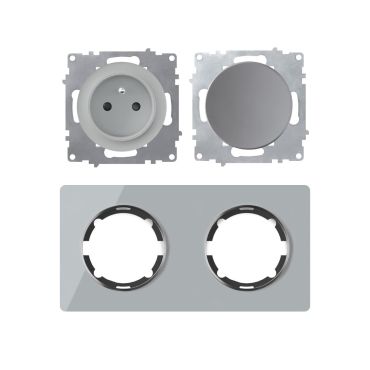 Double prise de courant avec terre 16A – ensemble complet – cadre de finition en verre – série Garda – horizontal – gris